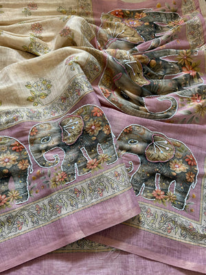 Peachmode Beige Linen Cotton Silk Saree with Digital Print and Khatli Work - Image 2