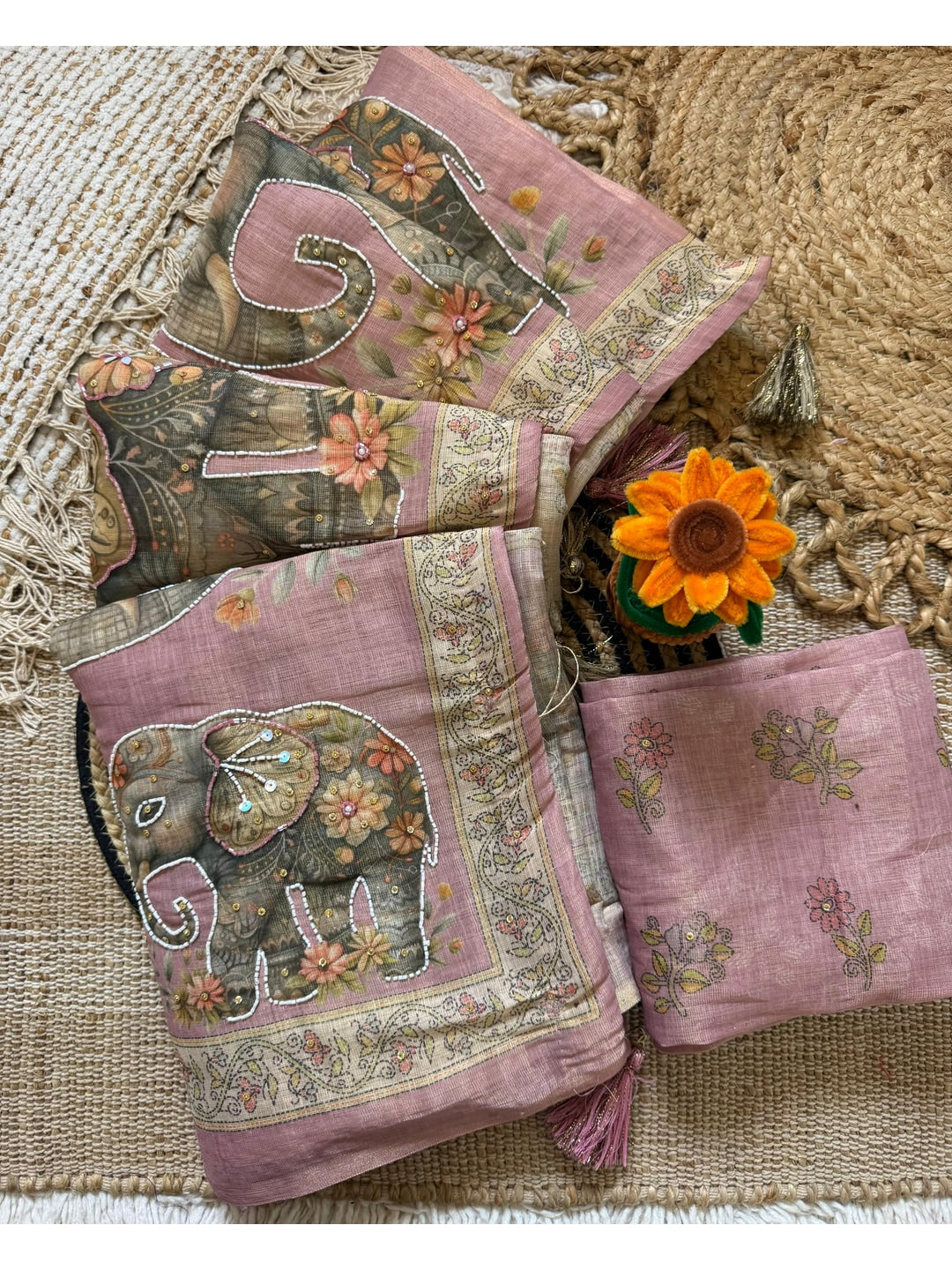 Peachmode Beige Linen Cotton Silk Saree with Digital Print and Khatli Work - Image 5