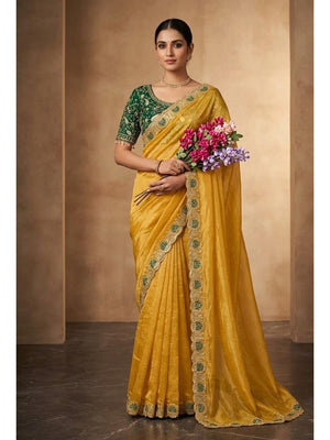 Peachmode Yellow Fandy Satin Silk Saree with Sequins Zari Embroidery - Image 1
