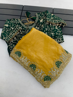 Peachmode Yellow Fandy Satin Silk Saree with Sequins Zari Embroidery - Image 2