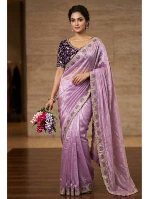 Peachmode Lavender Fandy Satin Silk Saree with Sequins Zari Embroidery - Image 1