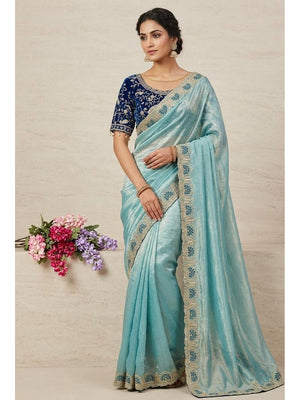 Peachmode Turquoise Fandy Satin Silk Saree with Sequins Zari Embroidery - Image 1