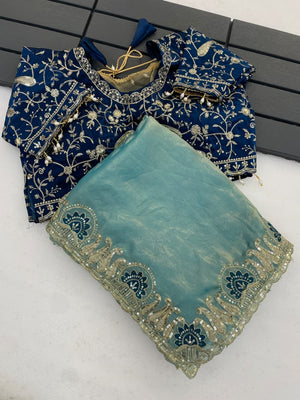 Peachmode Turquoise Fandy Satin Silk Saree with Sequins Zari Embroidery - Image 2