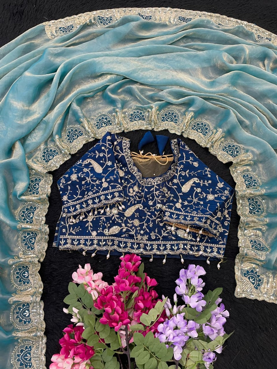 Peachmode Turquoise Fandy Satin Silk Saree with Sequins Zari Embroidery - Image 3
