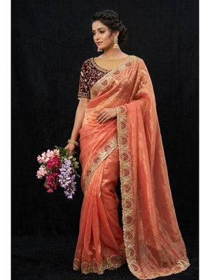 Peachmode Coral Fandy Satin Silk Saree with Sequins Zari Embroidery - Image 1