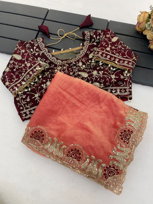 Peachmode Coral Fandy Satin Silk Saree with Sequins Zari Embroidery - Image 2