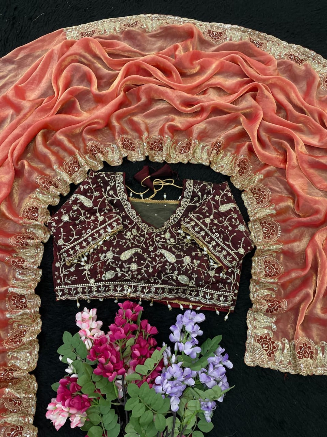 Peachmode Coral Fandy Satin Silk Saree with Sequins Zari Embroidery - Image 3