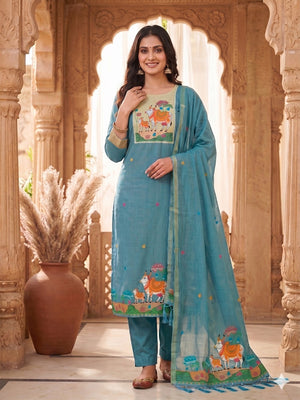 Classic Blue Pichwai Cow & Lotus Motif Zari Weaving Muga Cotton Blend Jamdani Dress Material - Image 2