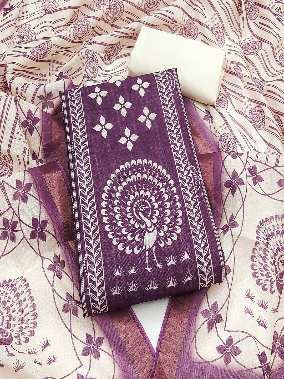 Elegant Purple Linen Unstitched Dress Material with Warli Print - Image 2