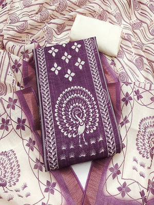 Elegant Purple Linen Unstitched Dress Material with Warli Print - Image 2