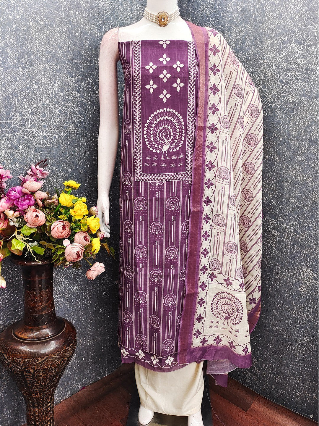 Elegant Purple Linen Unstitched Dress Material with Warli Print - Image 3