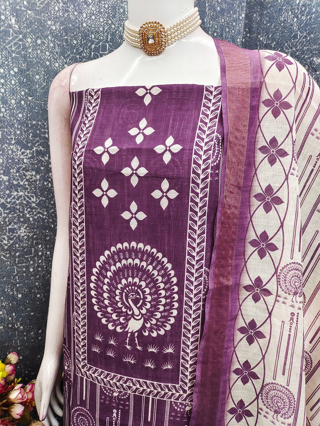 Elegant Purple Linen Unstitched Dress Material with Warli Print - Image 4