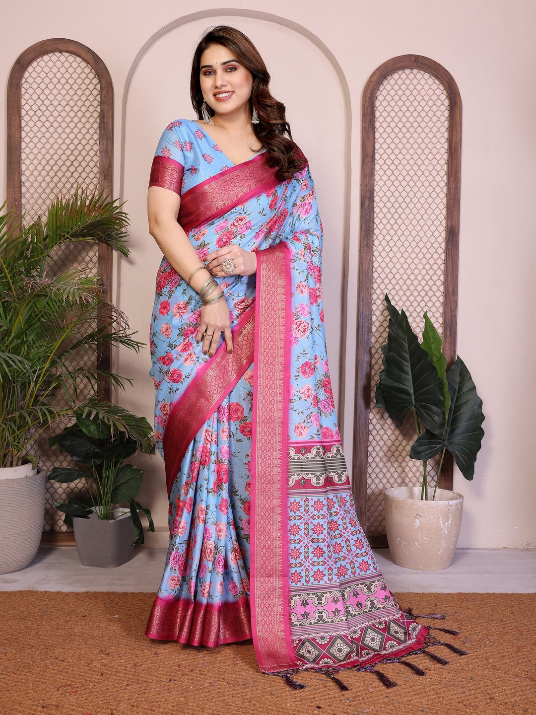 Peachmode Blue Cotton Silk Floral Print Saree with Zari Border - Image 5