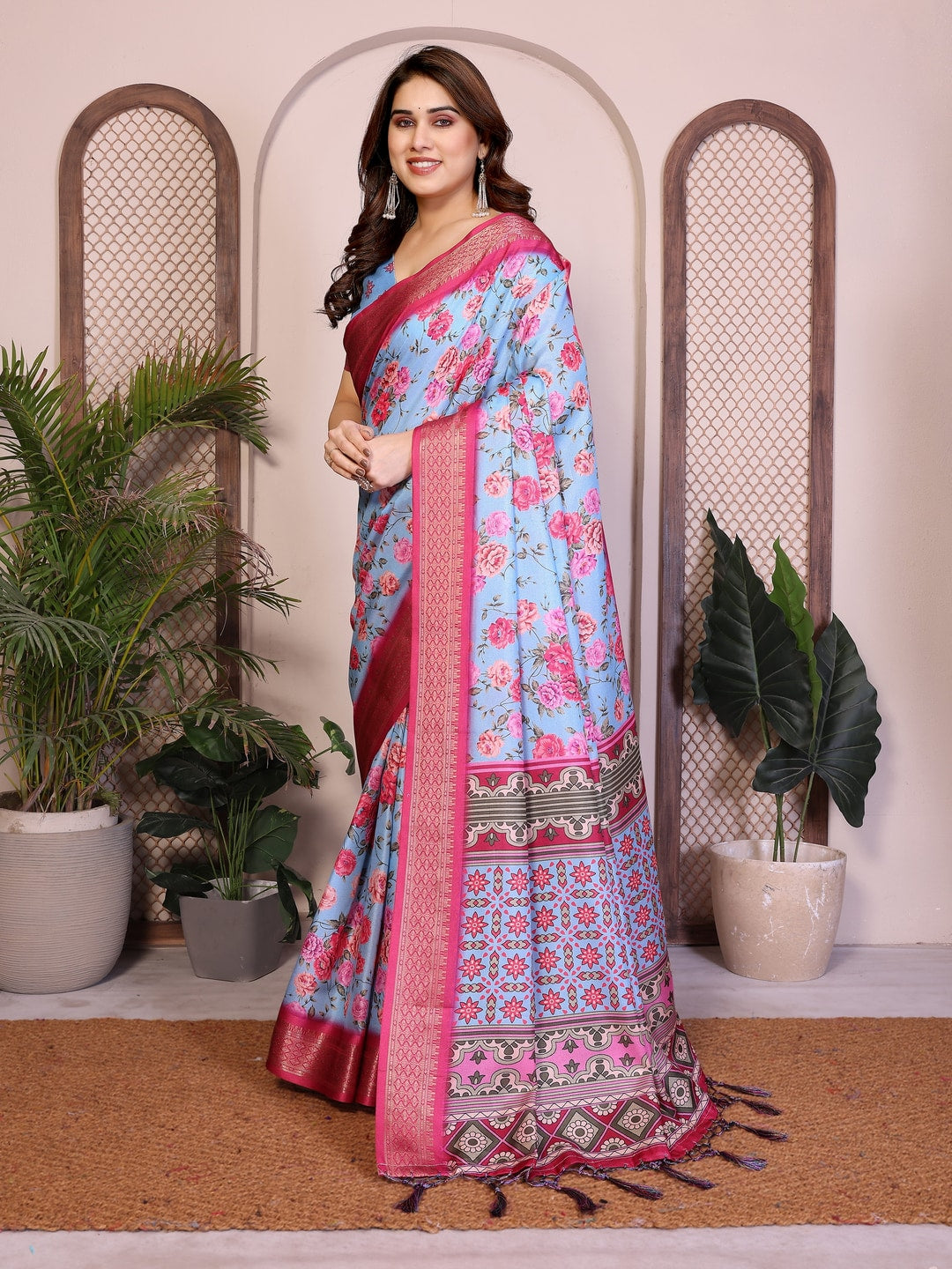 Peachmode Blue Cotton Silk Floral Print Saree with Zari Border - Image 6