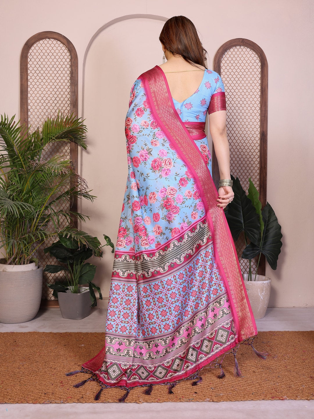 Peachmode Blue Cotton Silk Floral Print Saree with Zari Border - Image 8