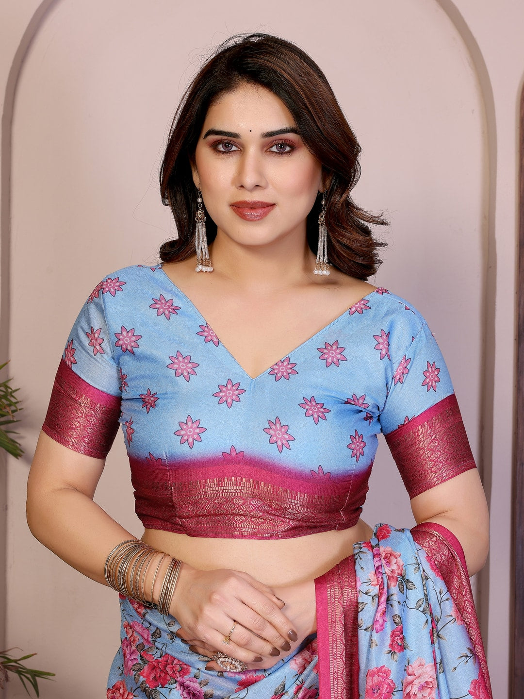 Peachmode Blue Cotton Silk Floral Print Saree with Zari Border - Image 9