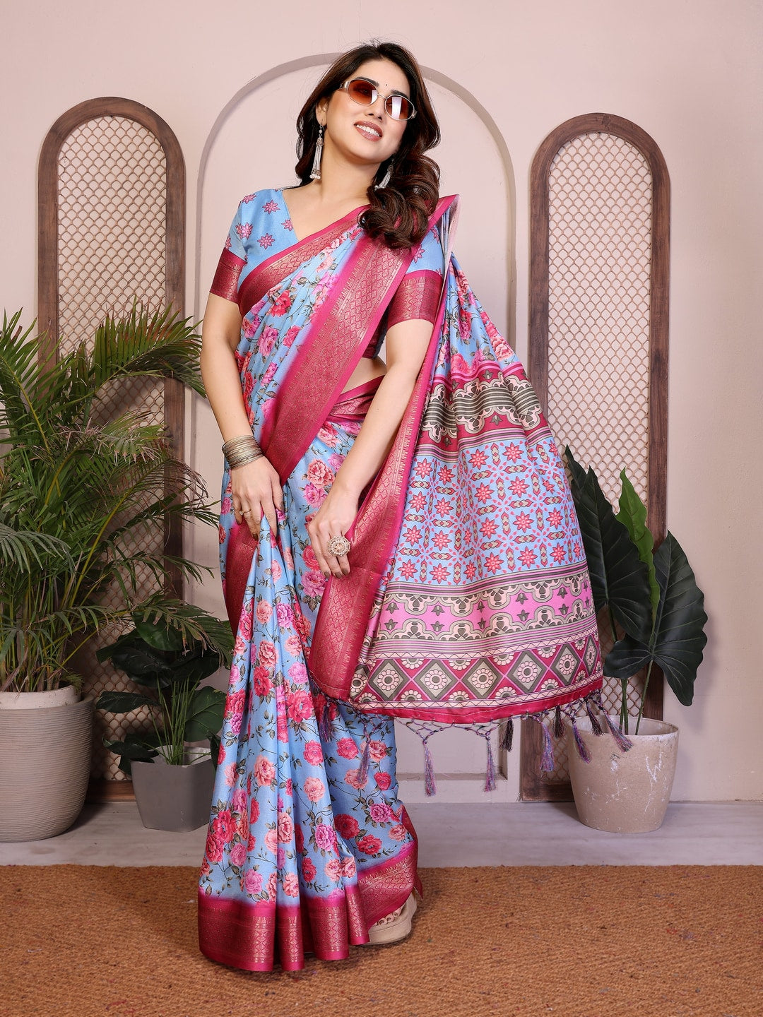 Peachmode Blue Cotton Silk Floral Print Saree with Zari Border - Image 10