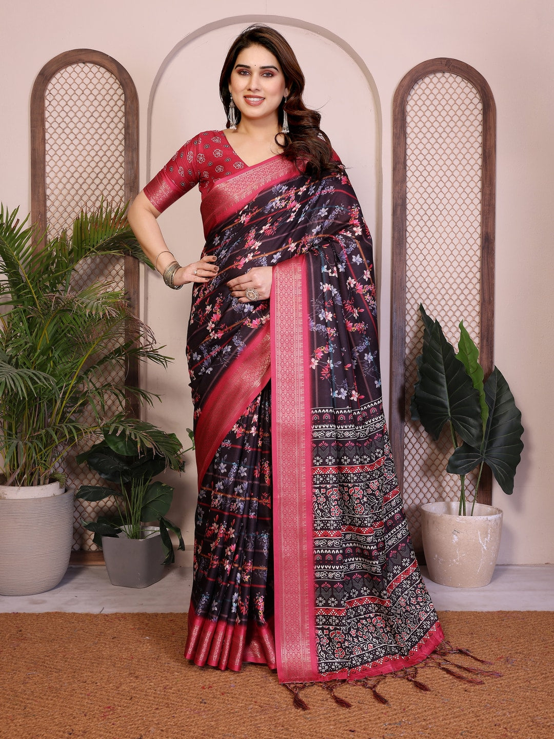 Peachmode Black Cotton Silk Floral Print Saree with Zari Border - Image 5