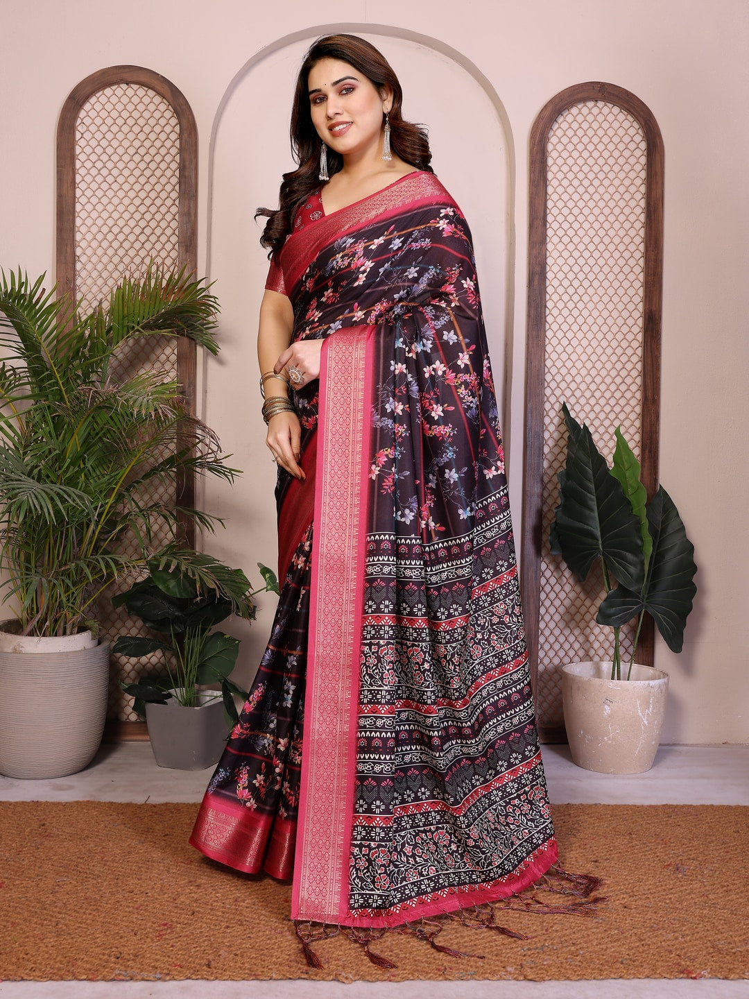 Peachmode Black Cotton Silk Floral Print Saree with Zari Border - Image 6