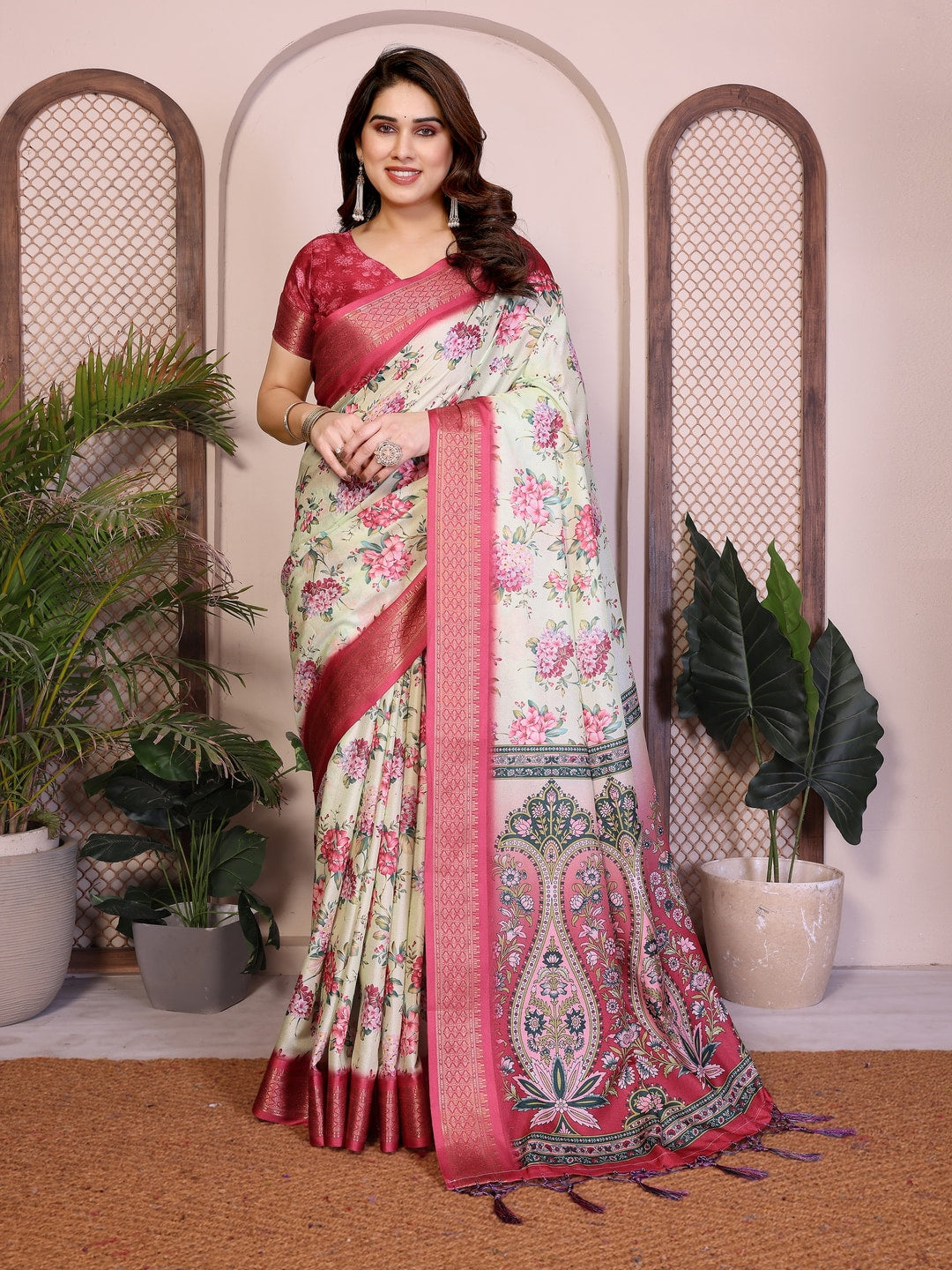 Peachmode Yellow Cotton Silk Floral Print Saree with Zari Border - Image 5