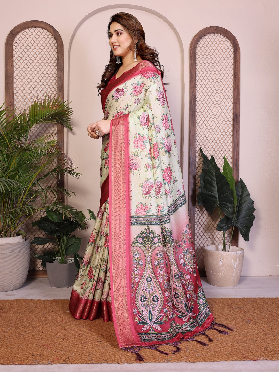 Peachmode Yellow Cotton Silk Floral Print Saree with Zari Border - Image 6