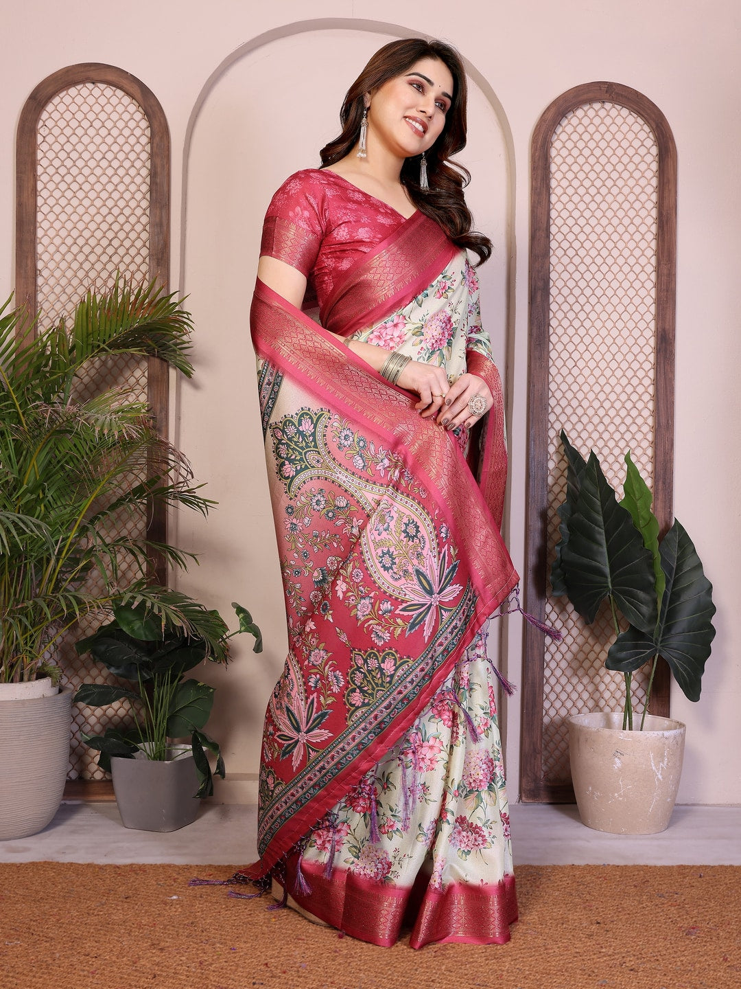 Peachmode Yellow Cotton Silk Floral Print Saree with Zari Border - Image 7