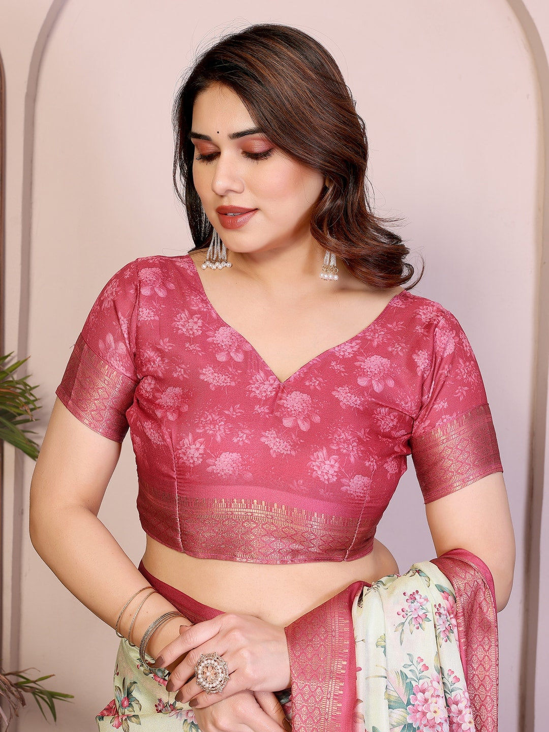 Peachmode Yellow Cotton Silk Floral Print Saree with Zari Border - Image 9