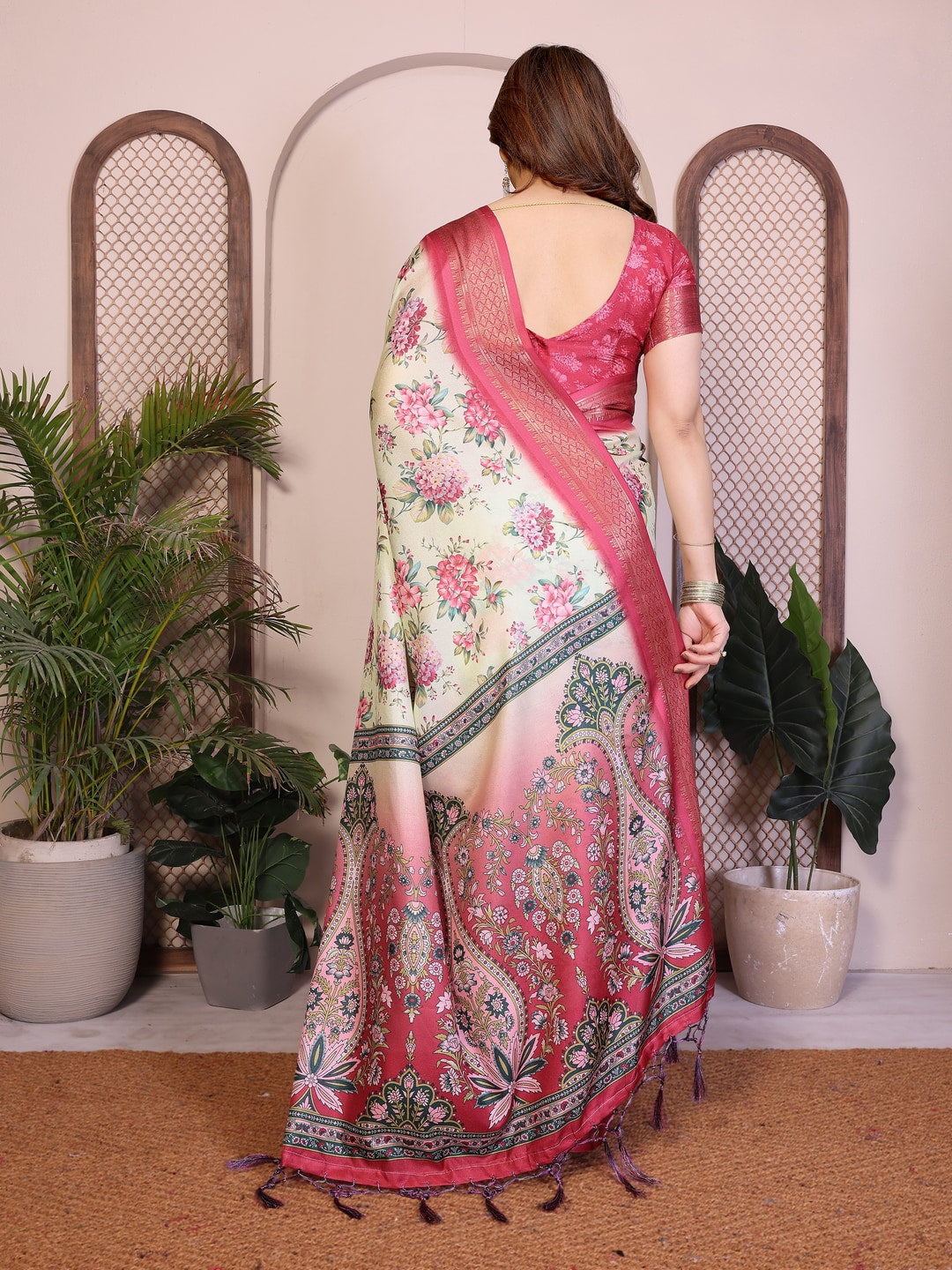 Peachmode Yellow Cotton Silk Floral Print Saree with Zari Border - Image 10