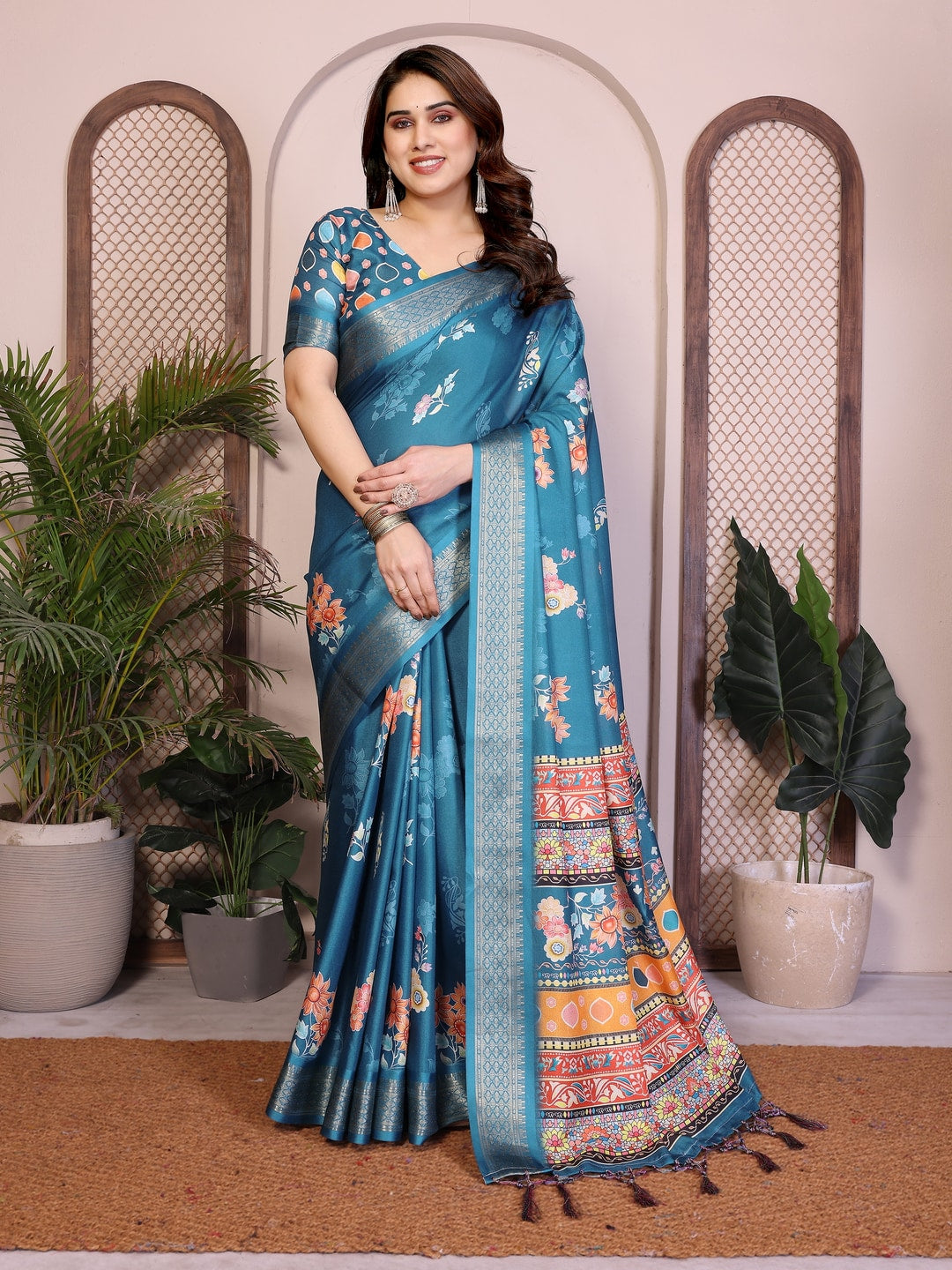 Peachmode Rama Blue Cotton Silk Floral Print Saree with Zari Border - Image 5