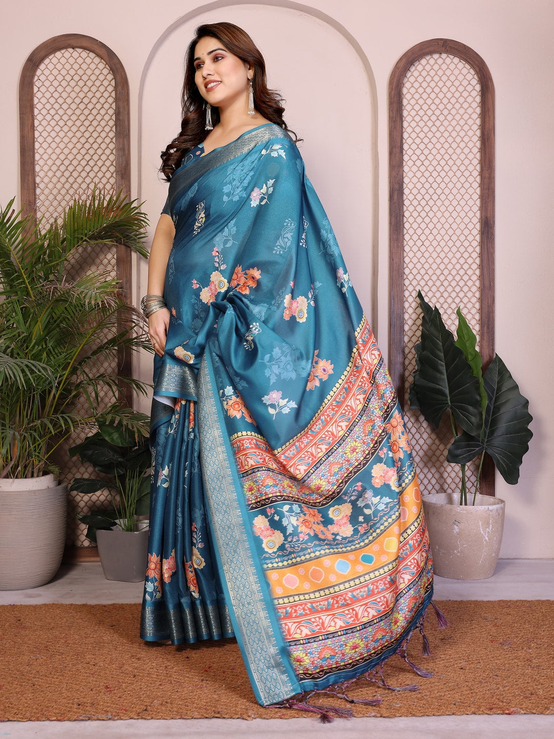 Peachmode Rama Blue Cotton Silk Floral Print Saree with Zari Border - Image 6