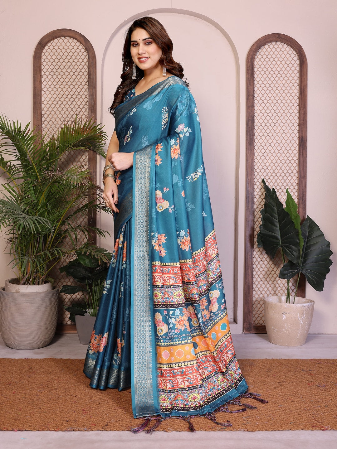 Peachmode Rama Blue Cotton Silk Floral Print Saree with Zari Border - Image 7