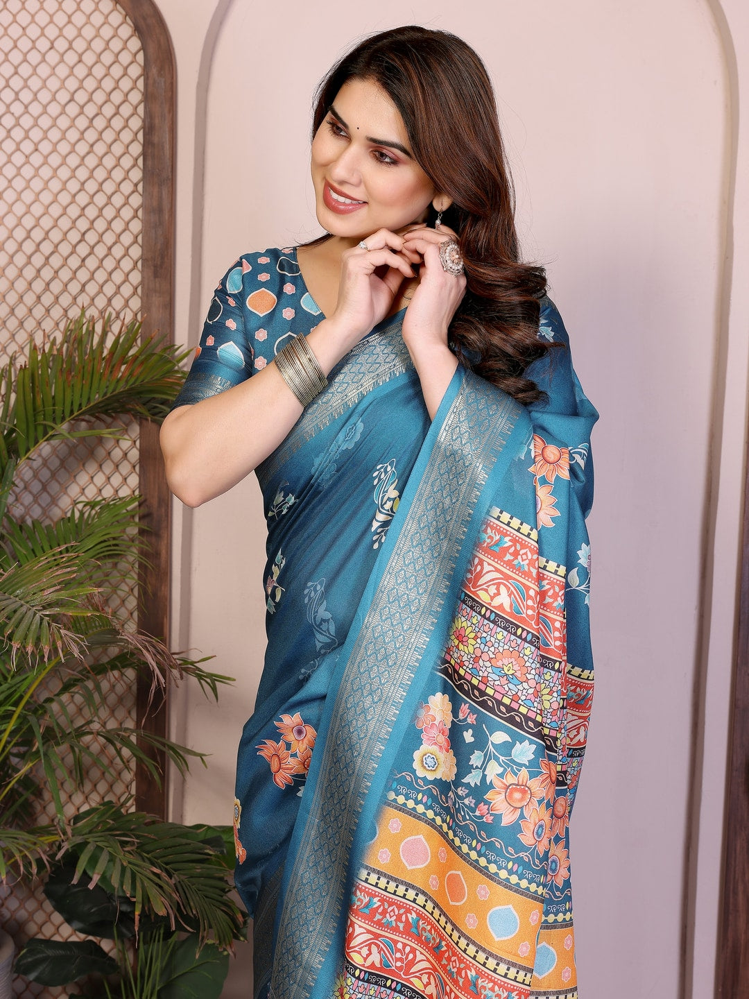 Peachmode Rama Blue Cotton Silk Floral Print Saree with Zari Border - Image 9