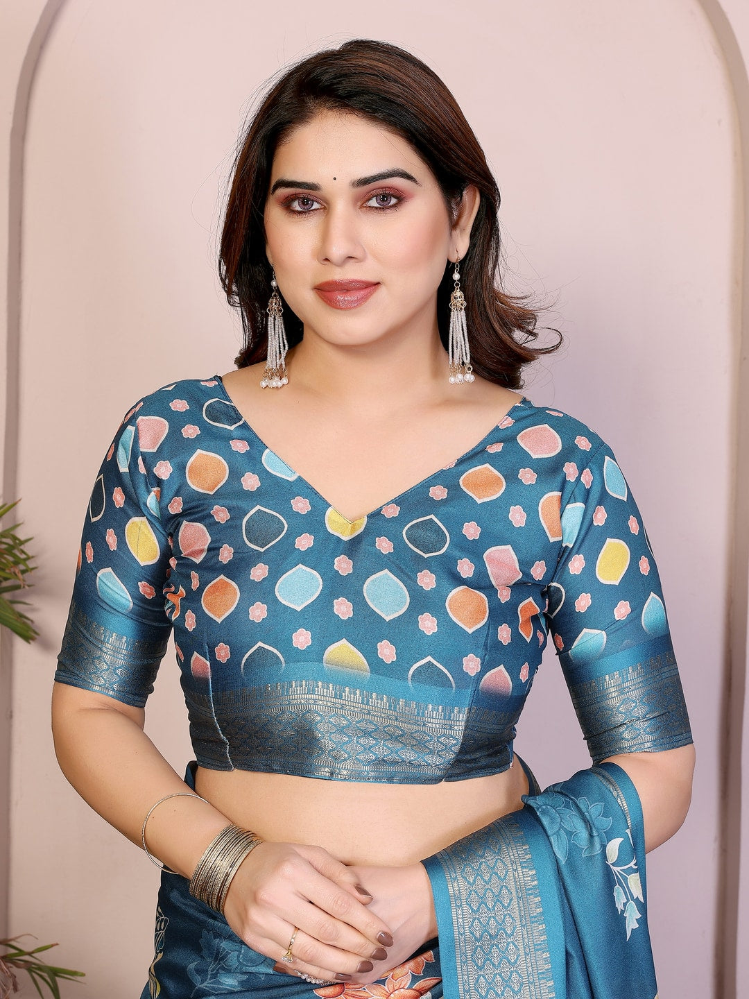 Peachmode Rama Blue Cotton Silk Floral Print Saree with Zari Border - Image 10