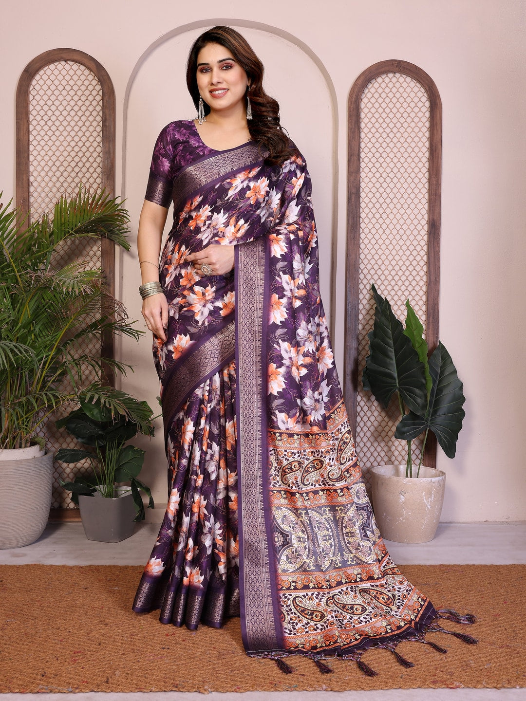 Peachmode Purple Cotton Silk Floral Print Saree with Zari Border - Image 5