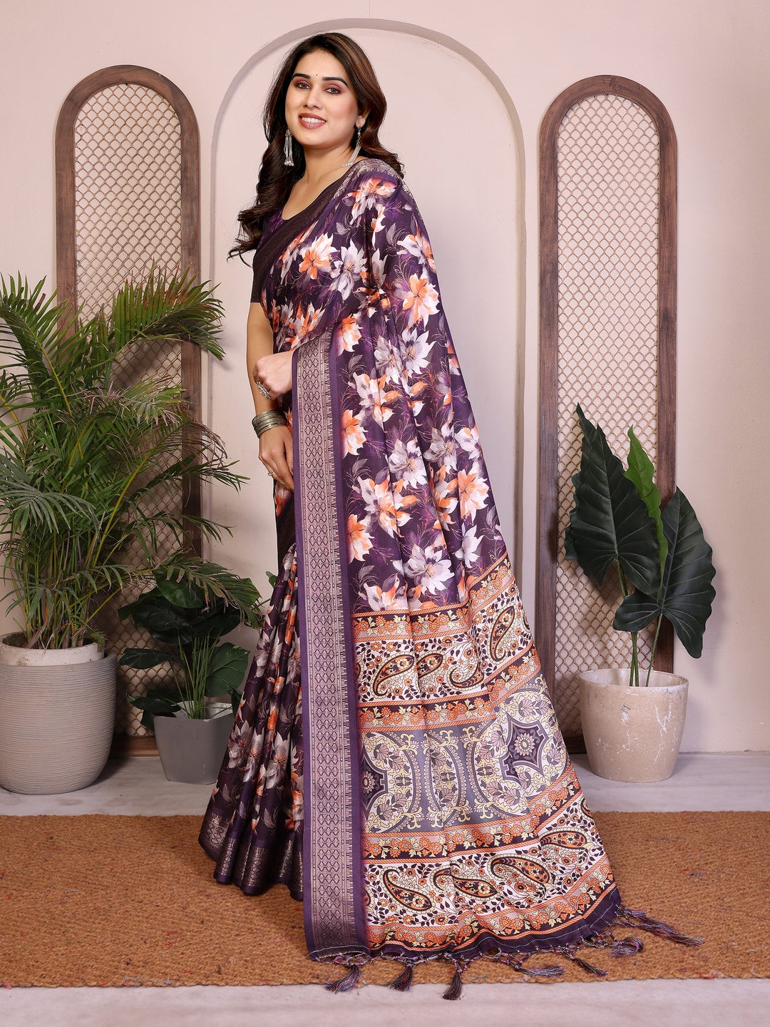 Peachmode Purple Cotton Silk Floral Print Saree with Zari Border - Image 6