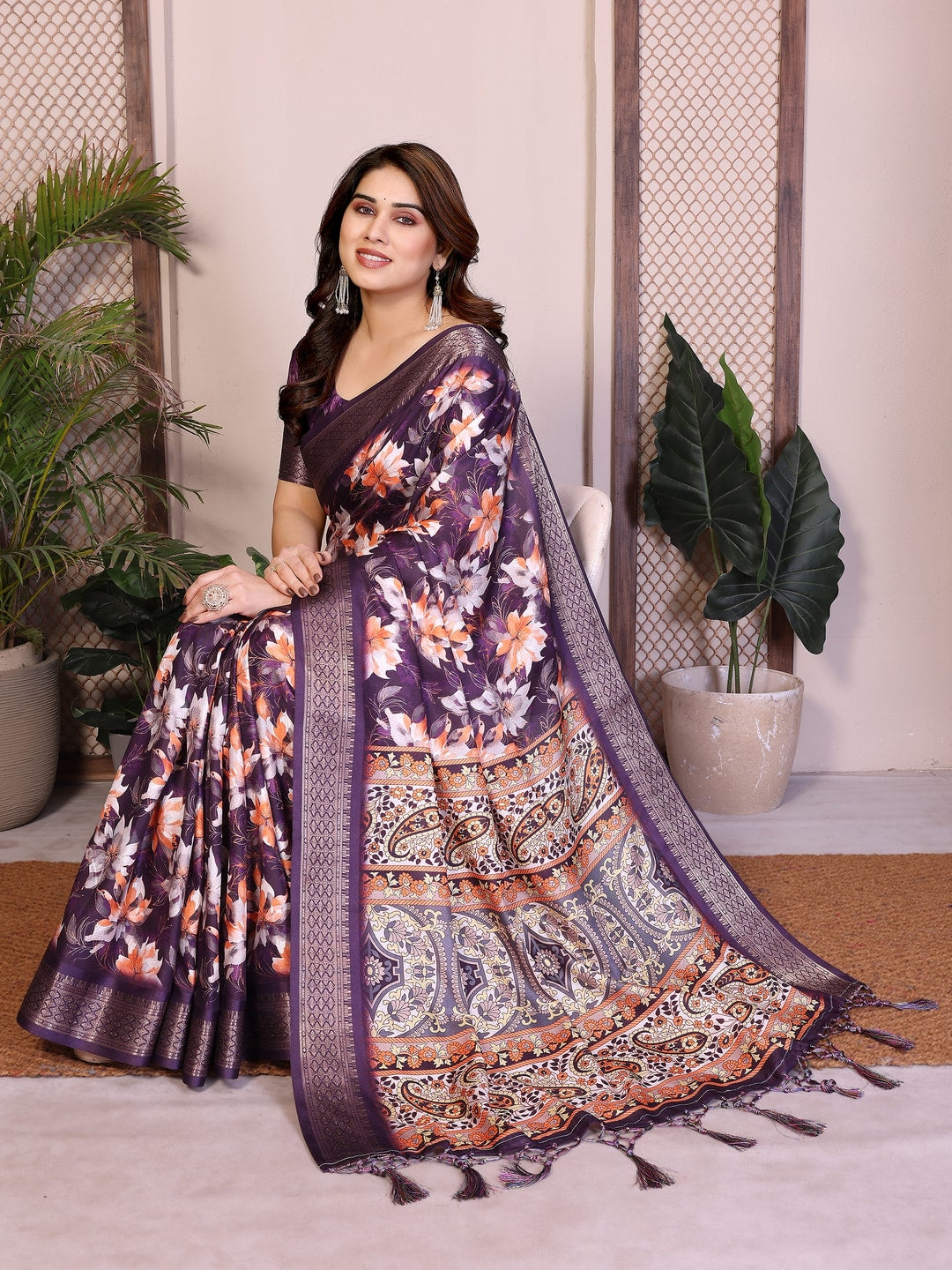 Peachmode Purple Cotton Silk Floral Print Saree with Zari Border - Image 7
