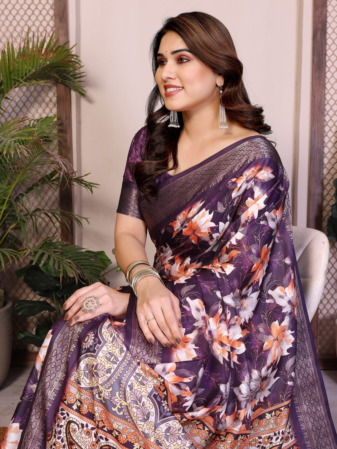 Peachmode Purple Cotton Silk Floral Print Saree with Zari Border - Image 8