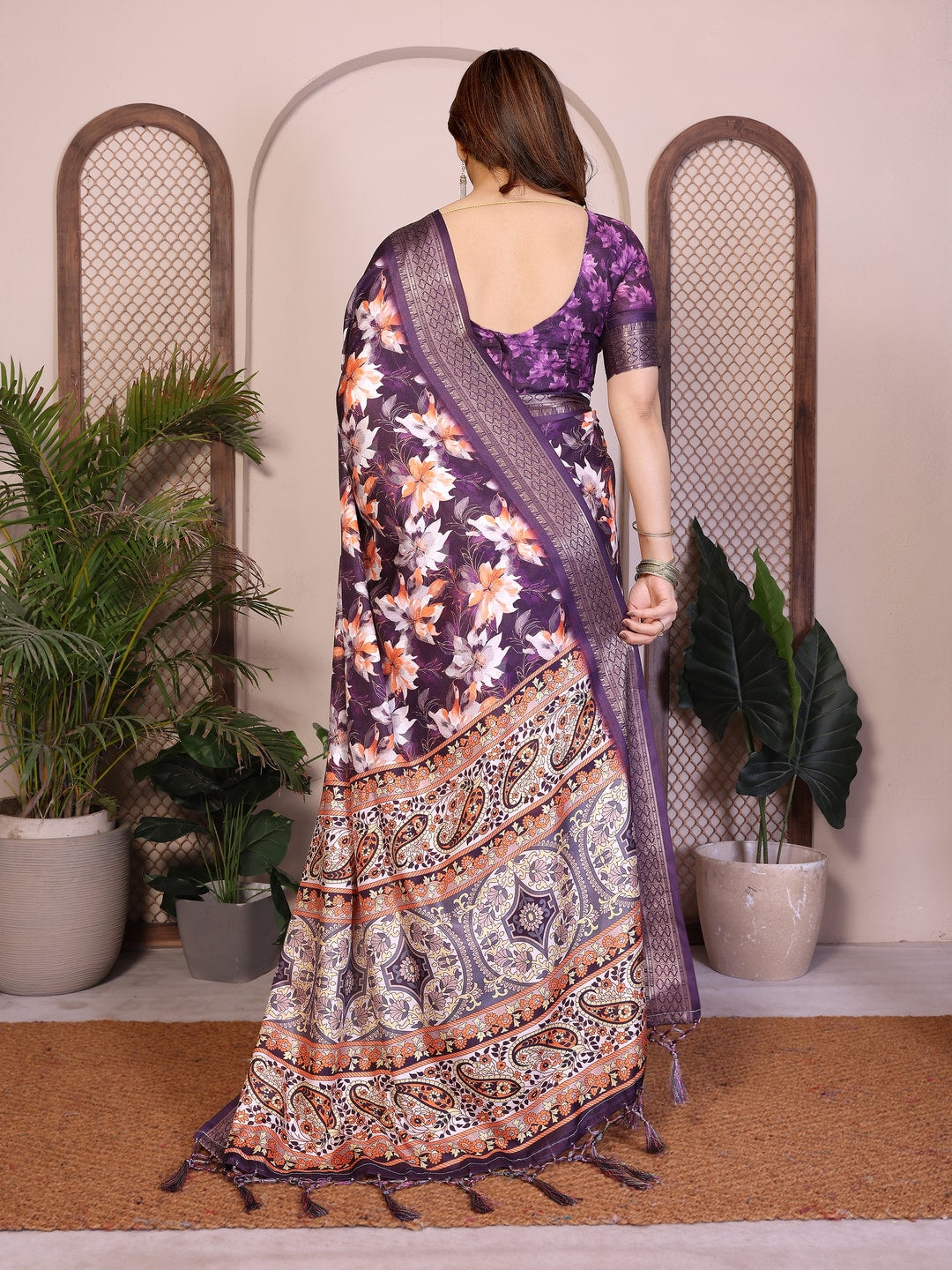 Peachmode Purple Cotton Silk Floral Print Saree with Zari Border - Image 9