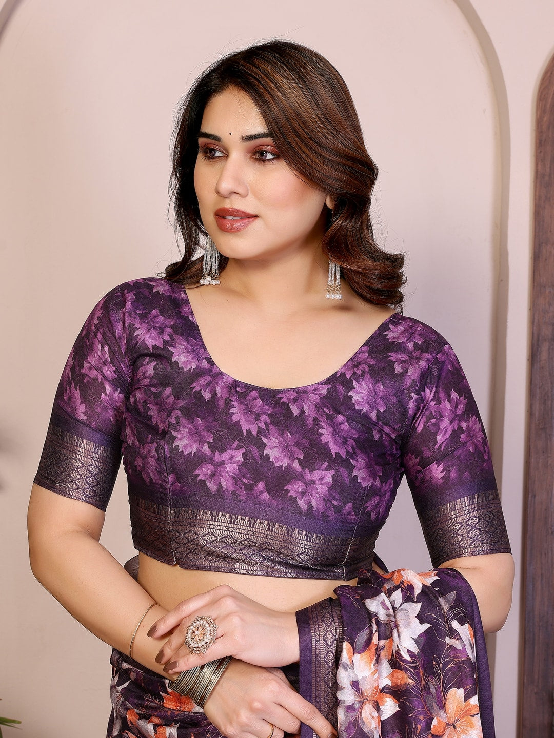 Peachmode Purple Cotton Silk Floral Print Saree with Zari Border - Image 10