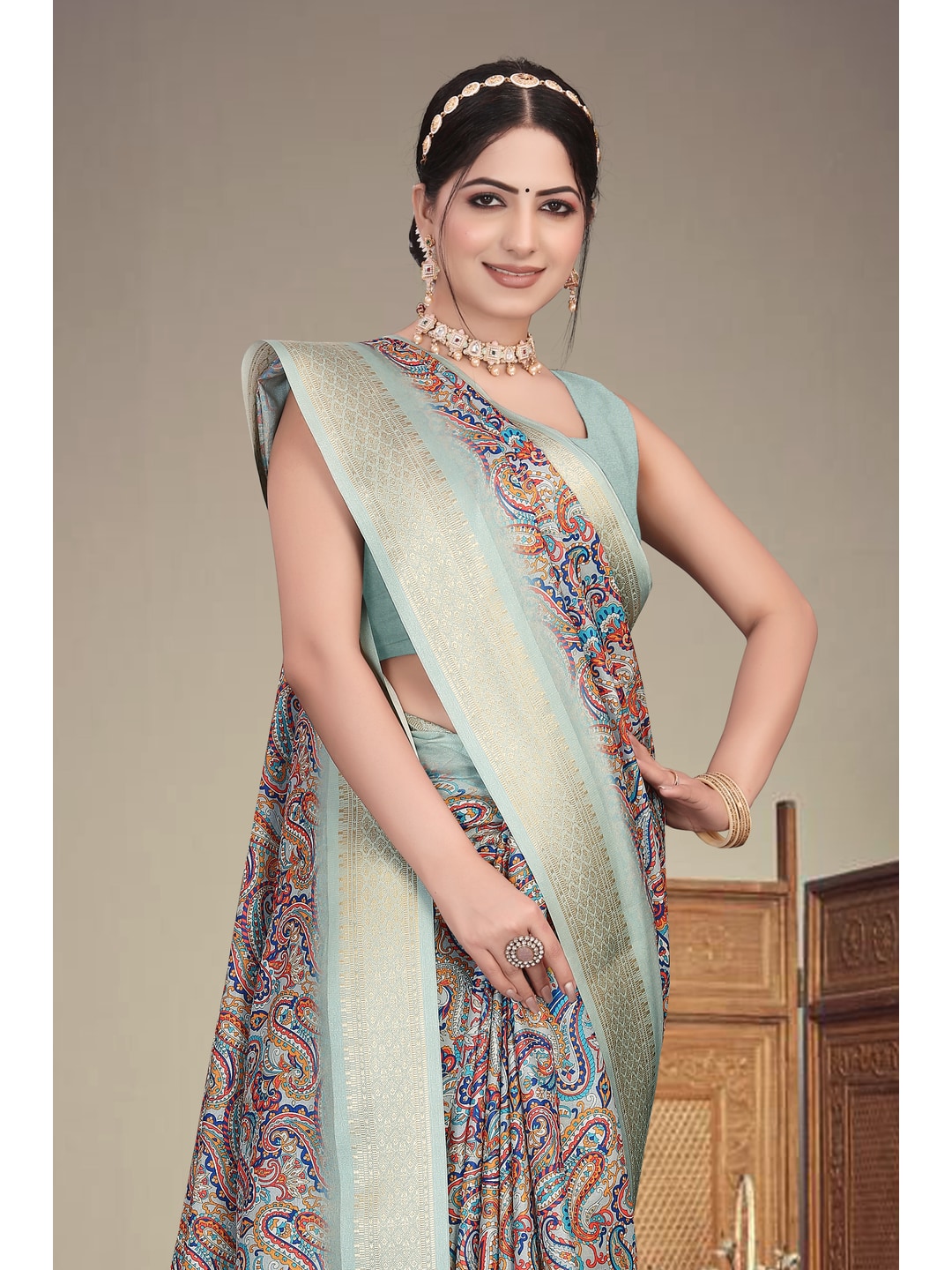 Peachmode Olive Cotton Silk Digital Print Saree with Jacquard Border - Image 6