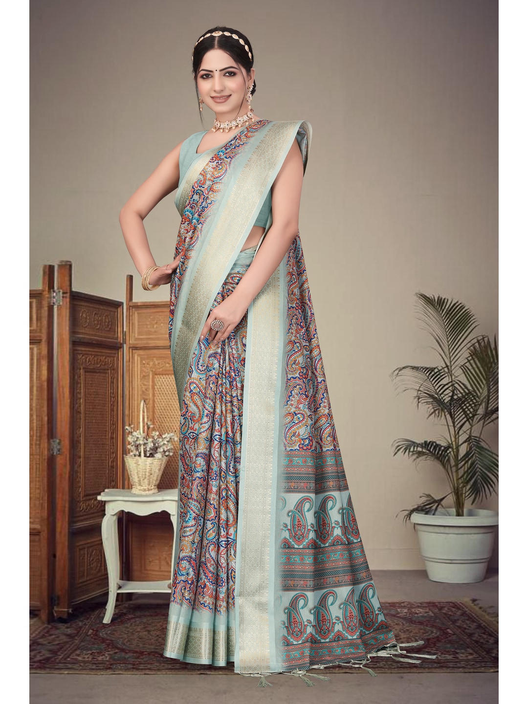 Peachmode Olive Cotton Silk Digital Print Saree with Jacquard Border - Image 7