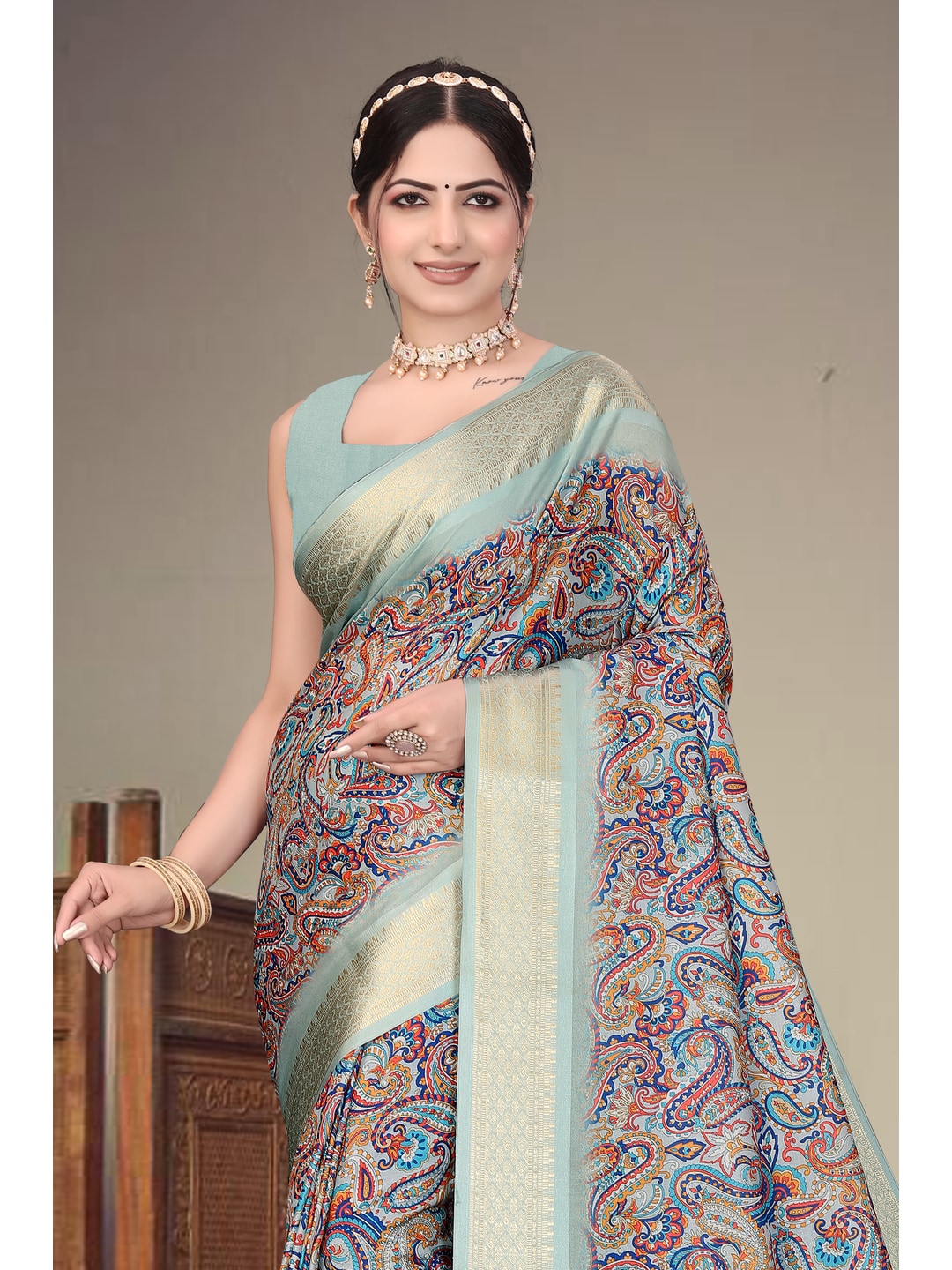 Peachmode Olive Cotton Silk Digital Print Saree with Jacquard Border - Image 10