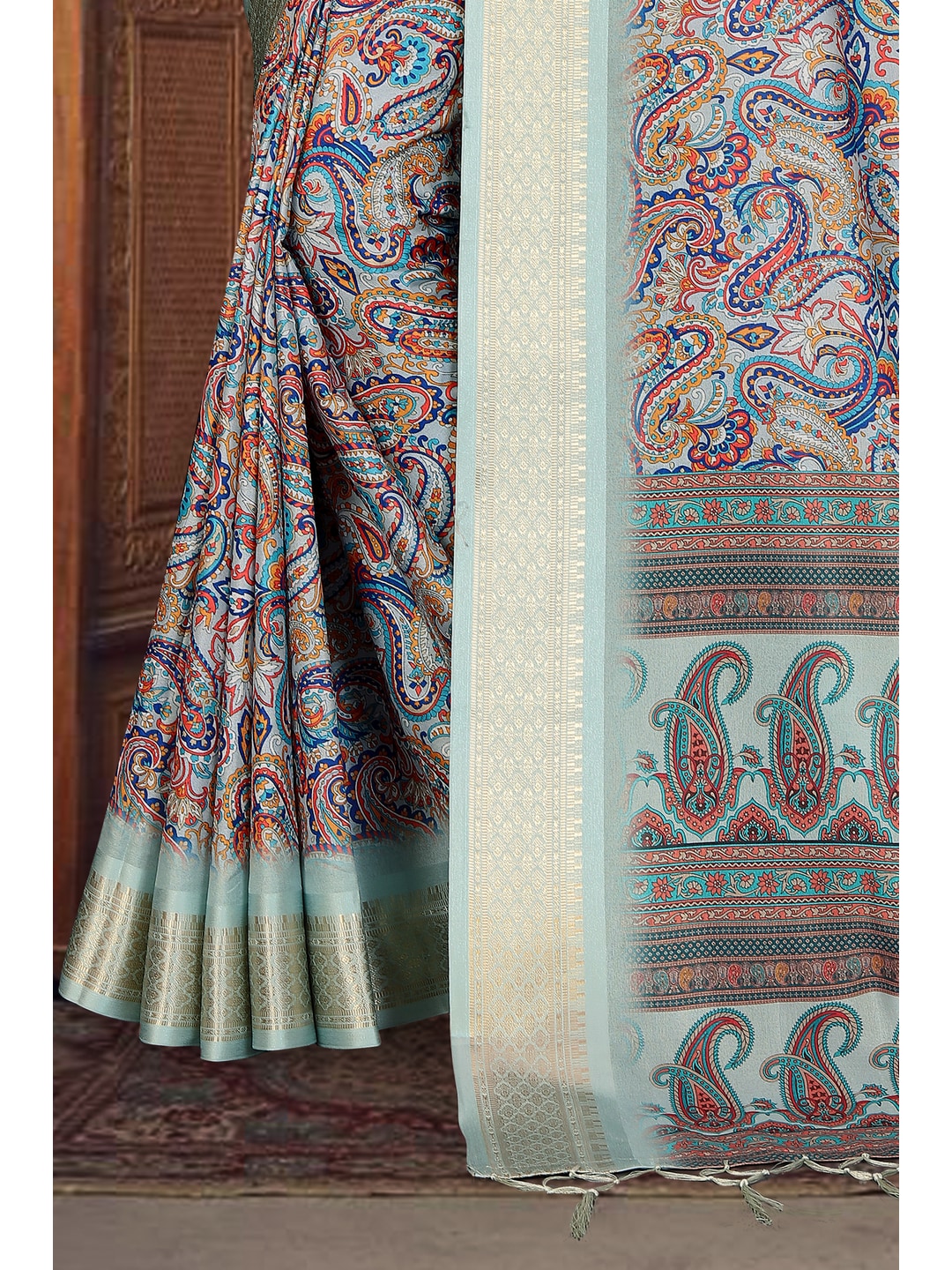 Peachmode Olive Cotton Silk Digital Print Saree with Jacquard Border - Image 11