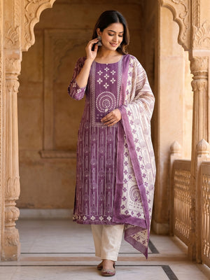Elegant Purple Linen Unstitched Dress Material with Warli Print - Image 1