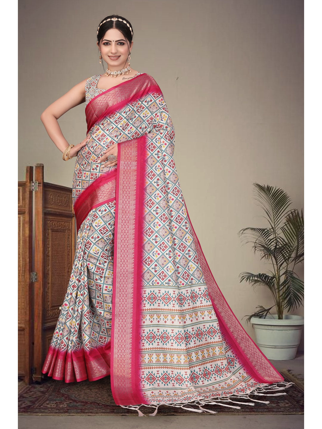 Peachmode Magenta Cotton Silk Digital Print Saree with Jacquard Border - Image 5