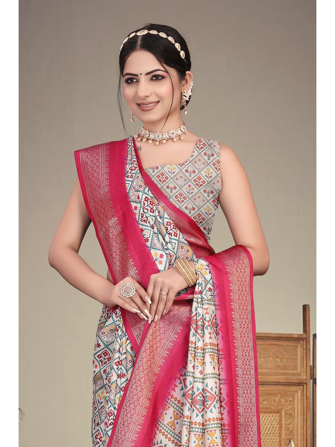 Peachmode Magenta Cotton Silk Digital Print Saree with Jacquard Border - Image 7