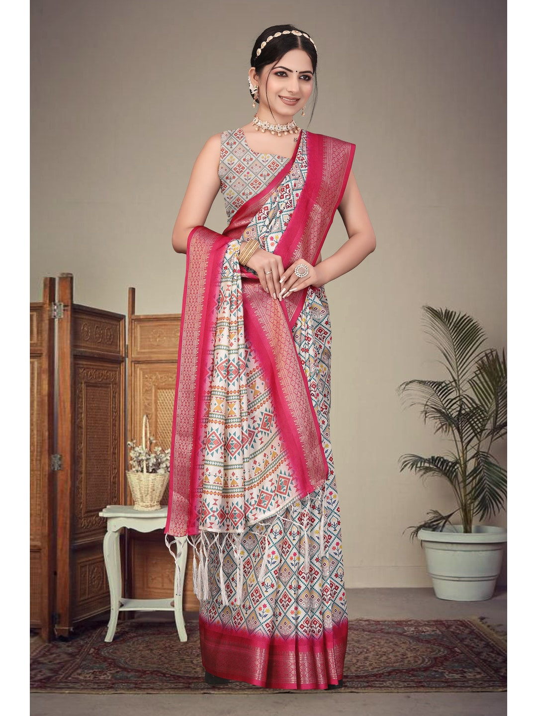 Peachmode Magenta Cotton Silk Digital Print Saree with Jacquard Border - Image 8
