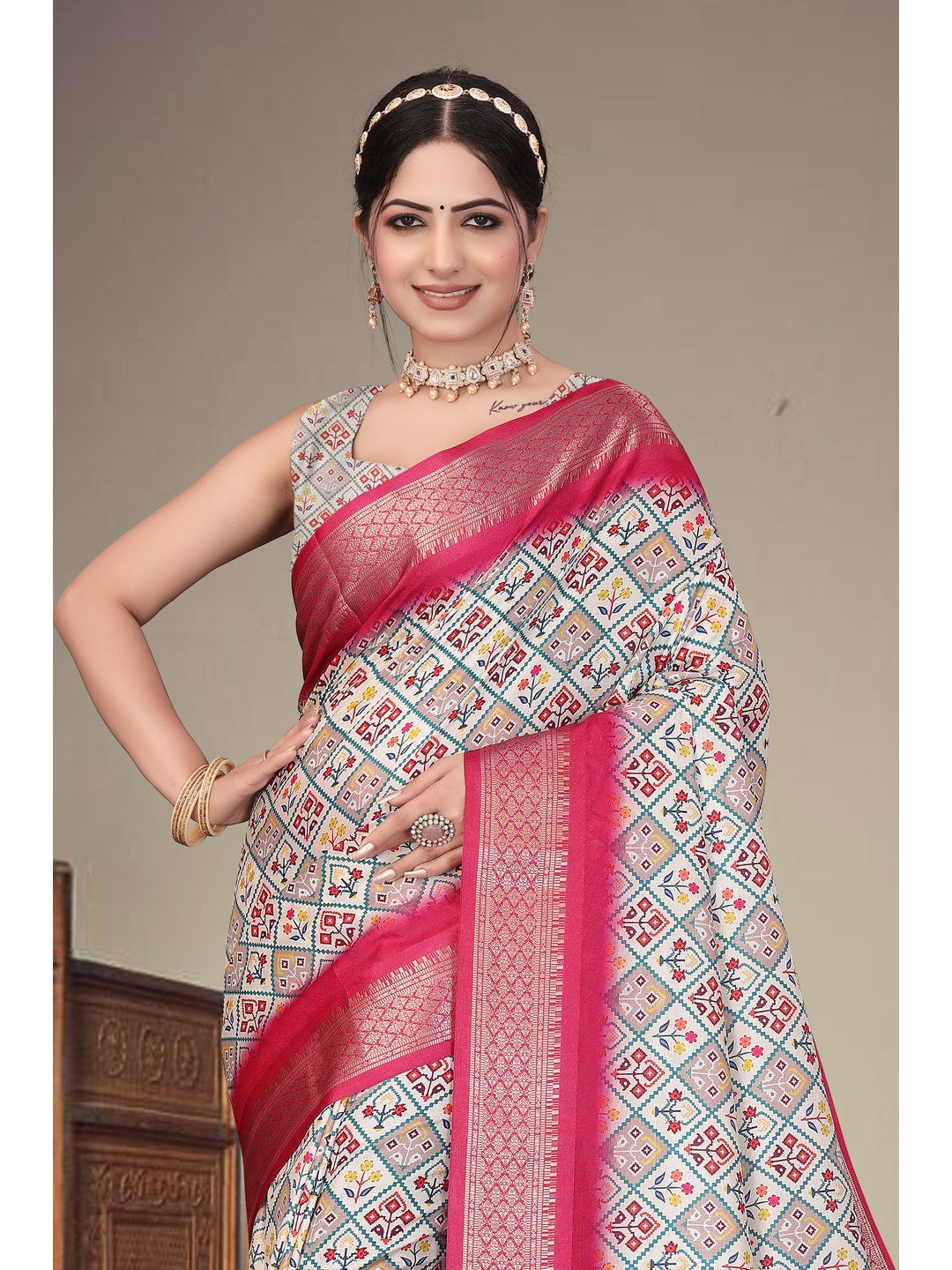 Peachmode Magenta Cotton Silk Digital Print Saree with Jacquard Border - Image 10