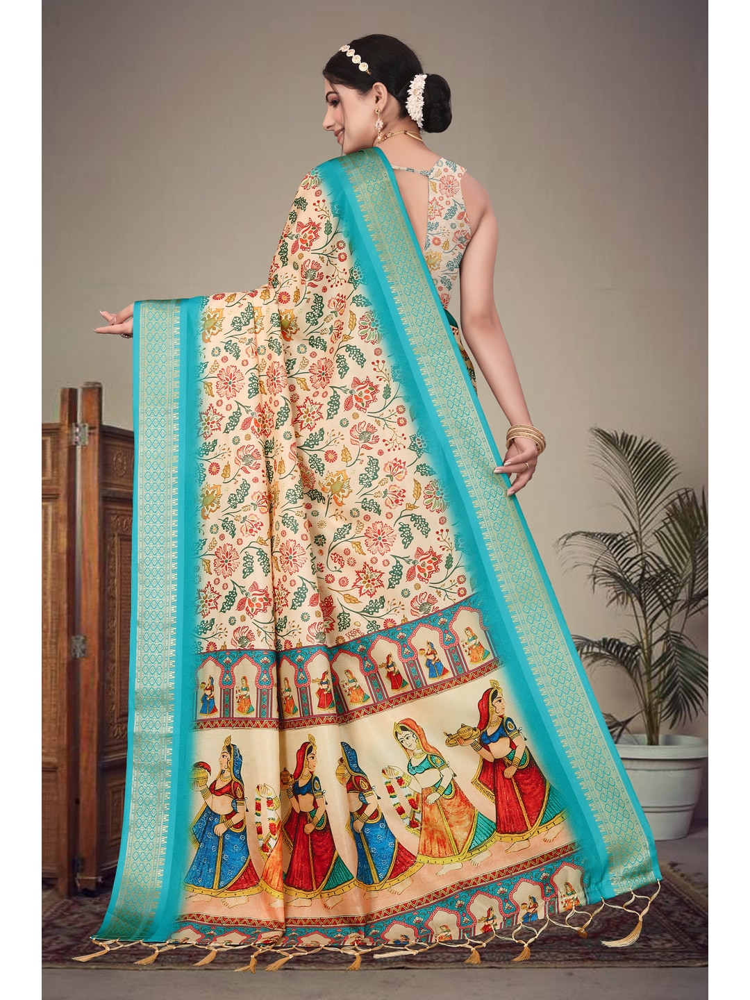 Peachmode Cream Cotton Silk Digital Print Saree with Jacquard Border - Image 6