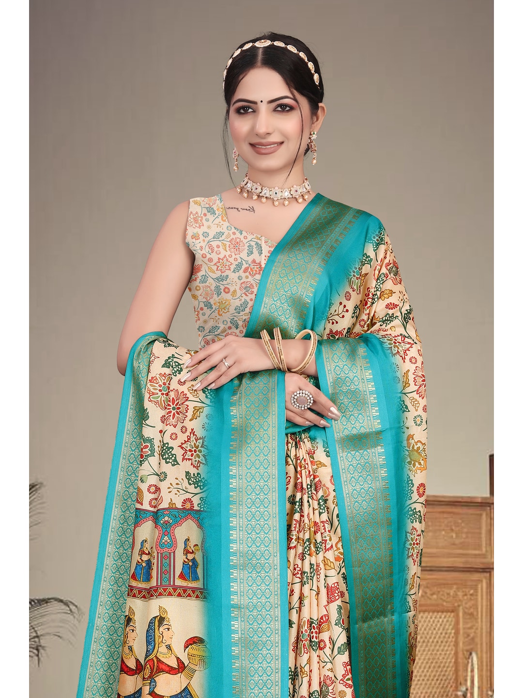 Peachmode Cream Cotton Silk Digital Print Saree with Jacquard Border - Image 7